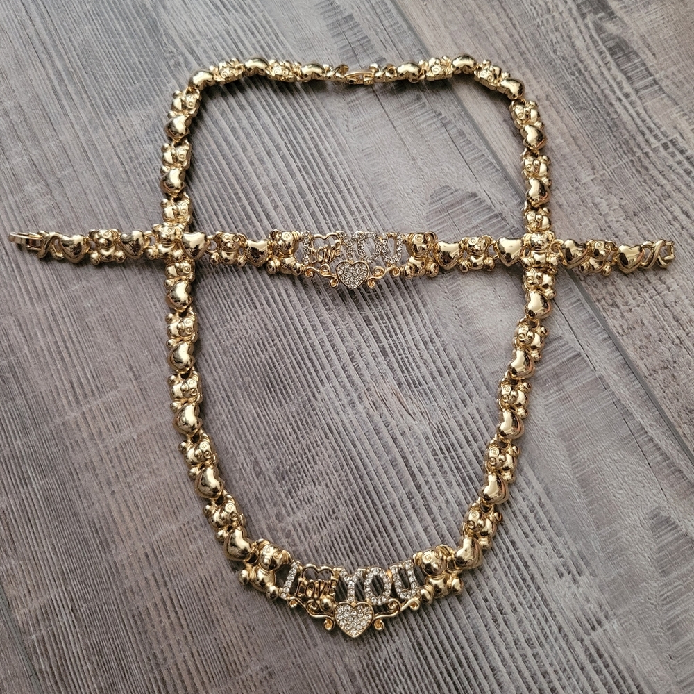 Gold Hearts & Bears "I Love You" Link Necklace & Bracelet